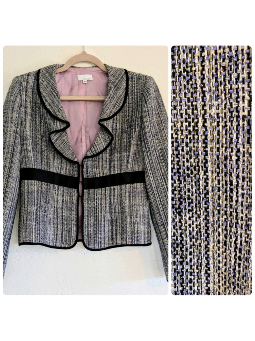 VTG 90s Silk Women Black and Indigo Blue Textured Blazer Luxury Academia Career